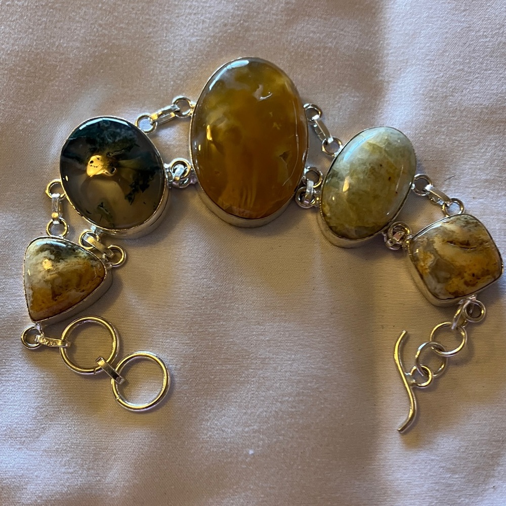 Artisan Silver Bracelet with Amber and Agate Stones
